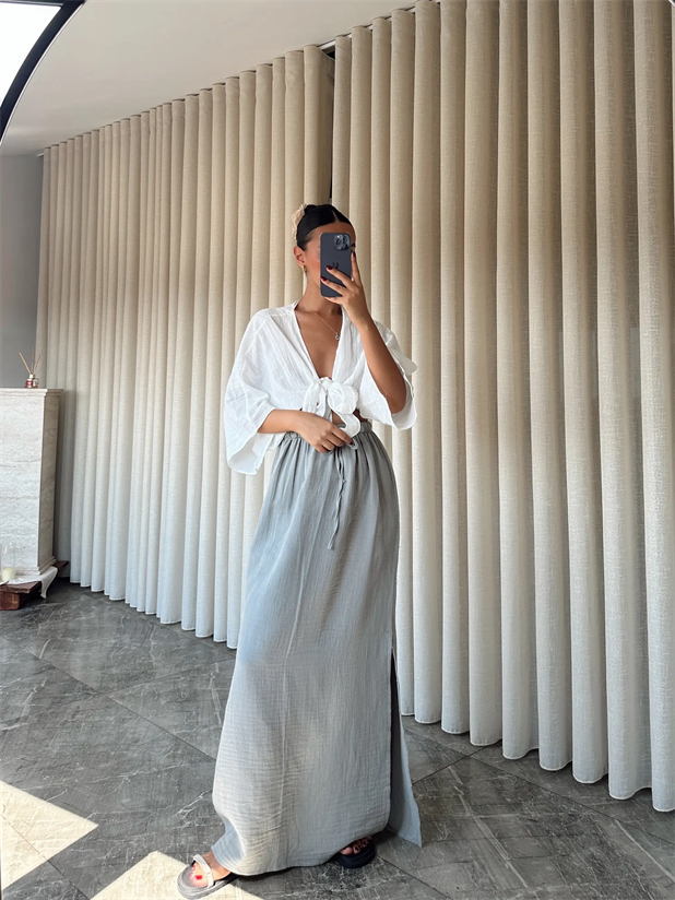 Müslin Yırtmaçlı Uzun Etek - Gri