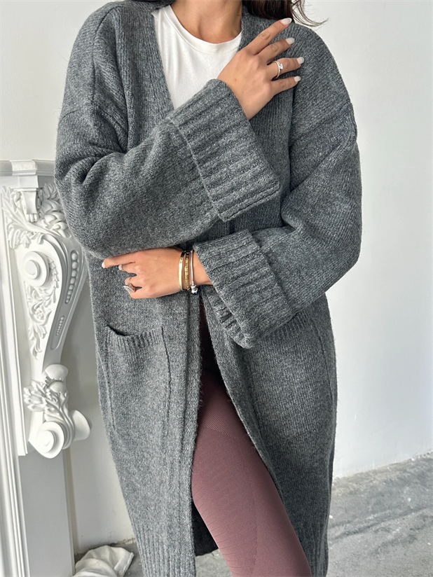 Oversize Uzun Hırka - Füme