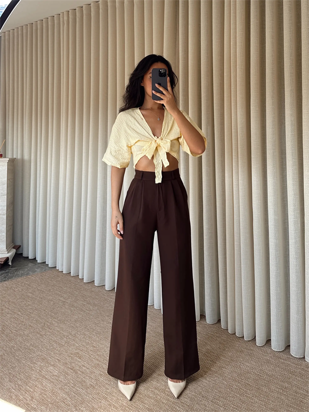 Bel Lastik Palazzo Pantolon - Kahverengi