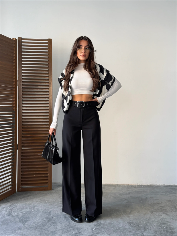 Kemerli Palazzo Pantolon  - Siyah