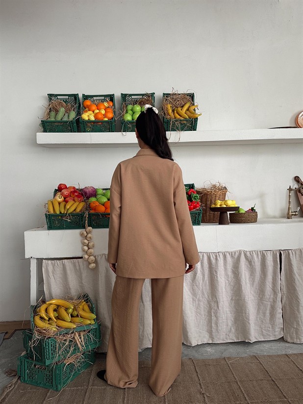 Düğme Detay Ceket Pantolon Keten Takım - Camel