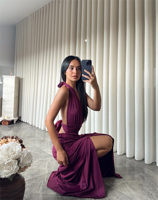 Bel Ve Boyun Bağlamalı Elbise - Mürdüm