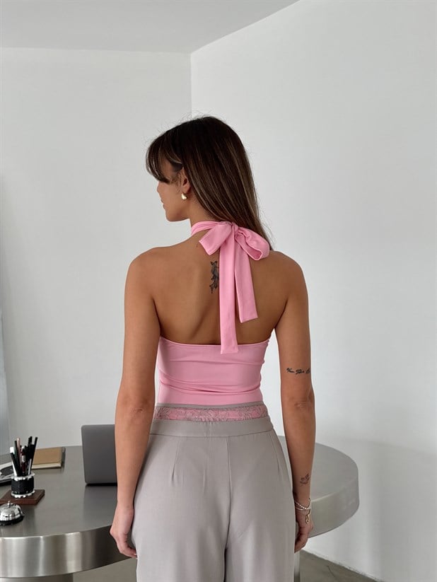 Yan Büzgü Dekolte Bodysuit Pembe - Pembe