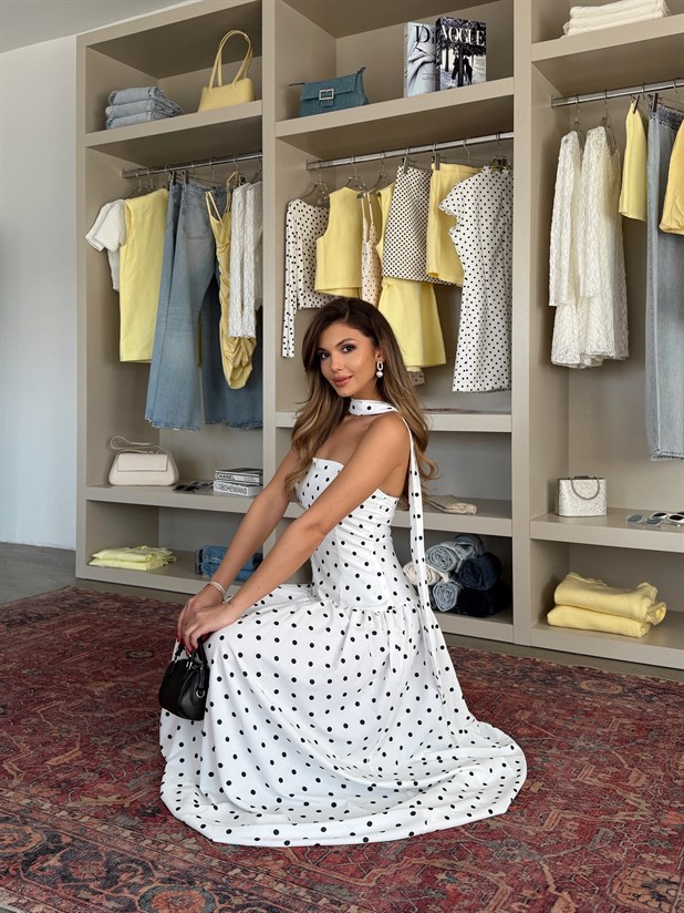 Straplez Fular Detaylı Puantiye Elbise - Beyaz