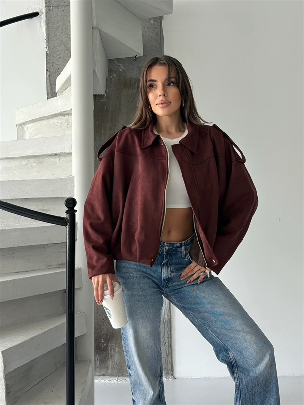 Bomber Süet Ceket - Bordo