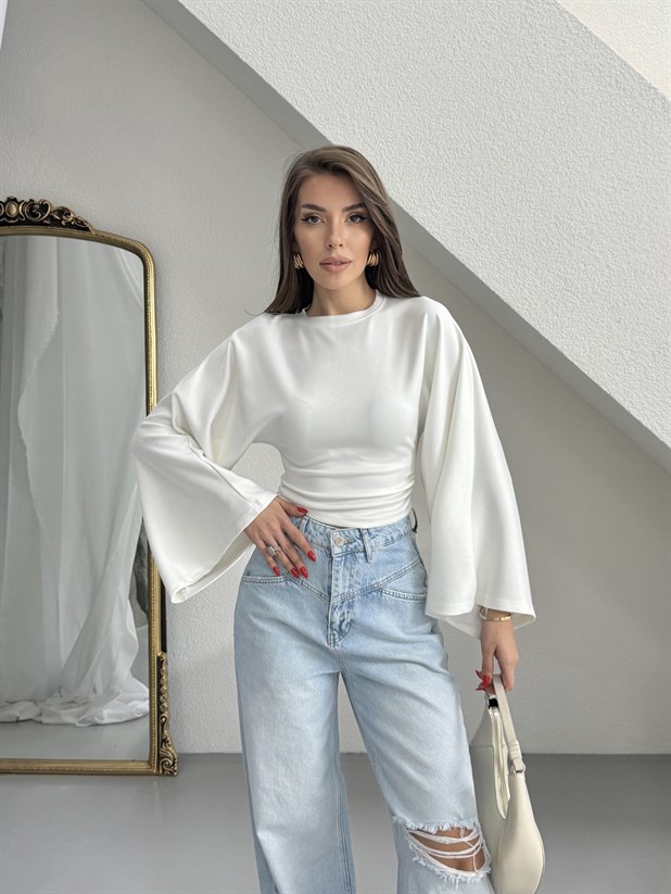 Yarasa Kol Beli Büzgülü Bluz - Ekru