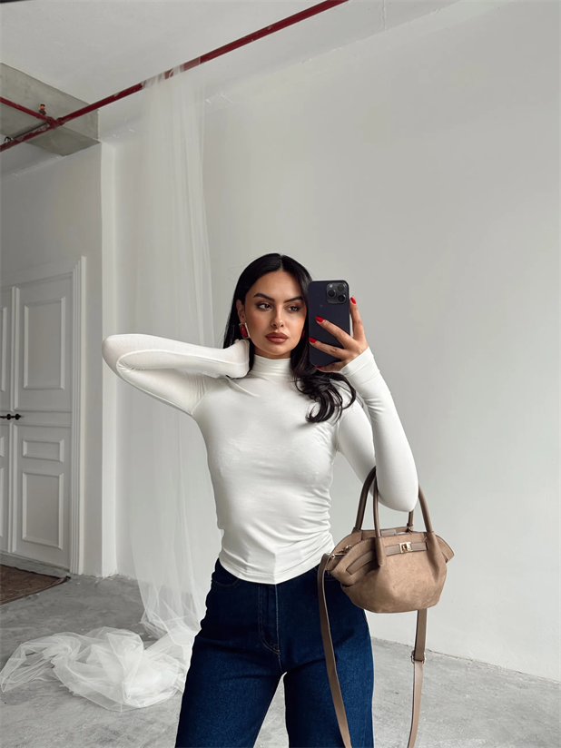 Dik Yaka Balıkçı Bluz Beyaz - Beyaz