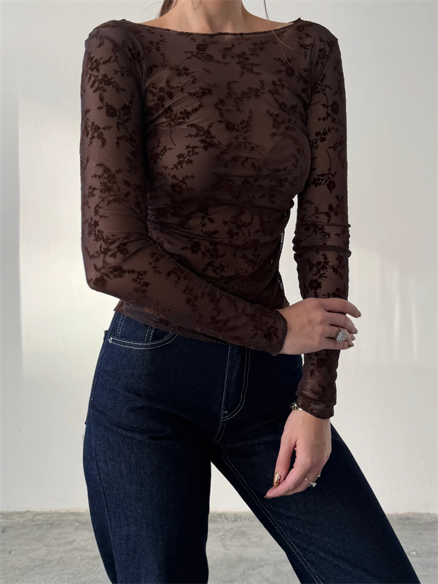 Flok Baskılı Basic Bluz - Kahve