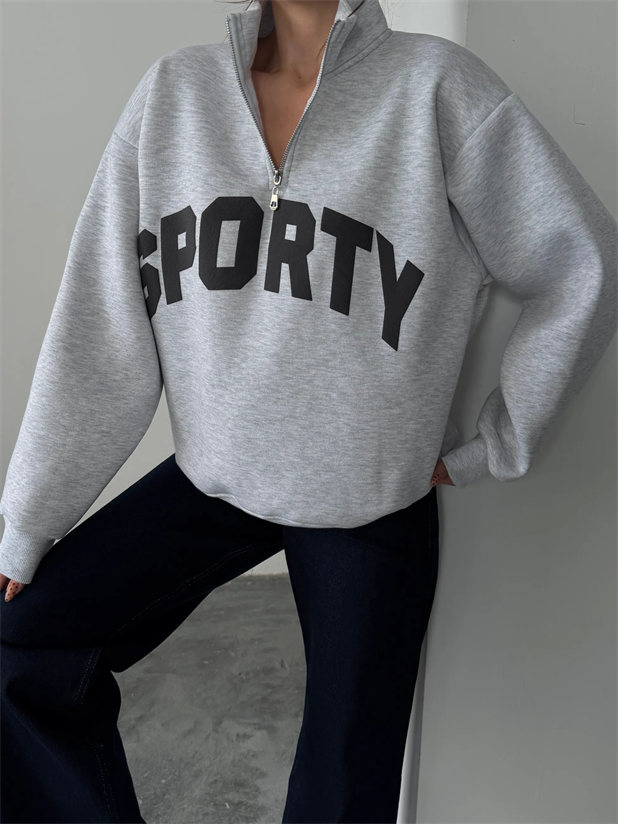 Sporty Yarım Fermuar Sweat - Gri
