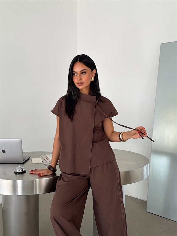 Poplin Balon Pantolon Takım - Kahve