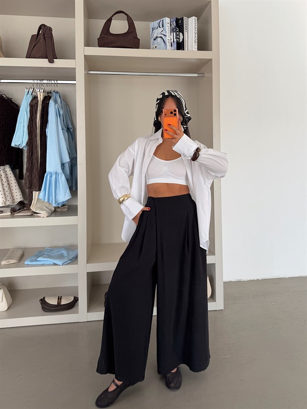 Etek Görünümlü Bol Paça Pantolon - Siyah