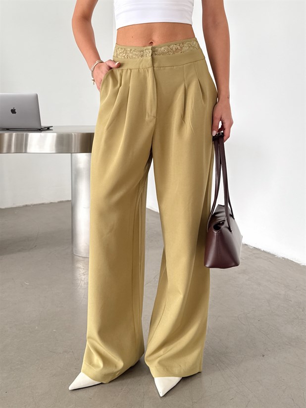 Kemeri Dantel Detaylı Palazzo Pantolon  - Yağ Yeşili