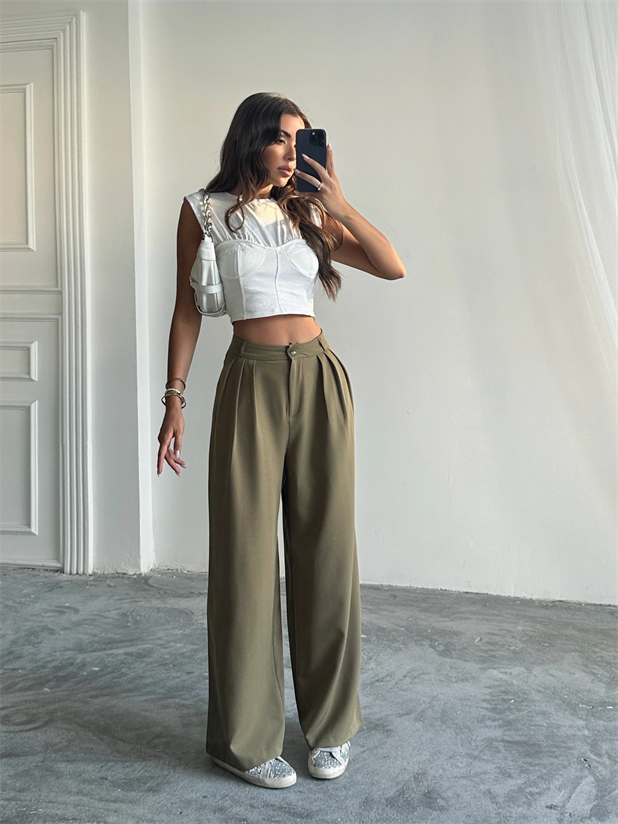 Üç Pile Palazzo Pantolon - Haki