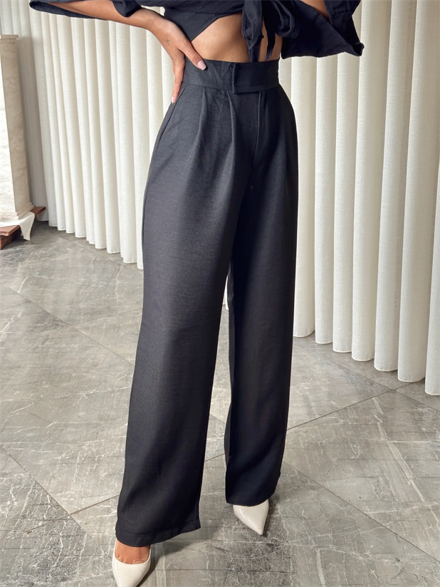 Cırtlı Keten Palazzo  - Siyah