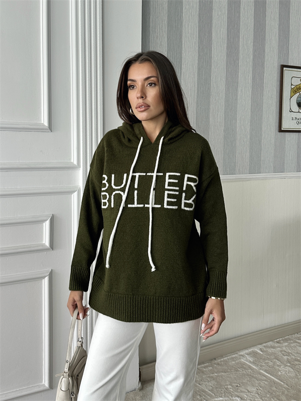 Kapüşonlu Butter Triko Kazak - Haki