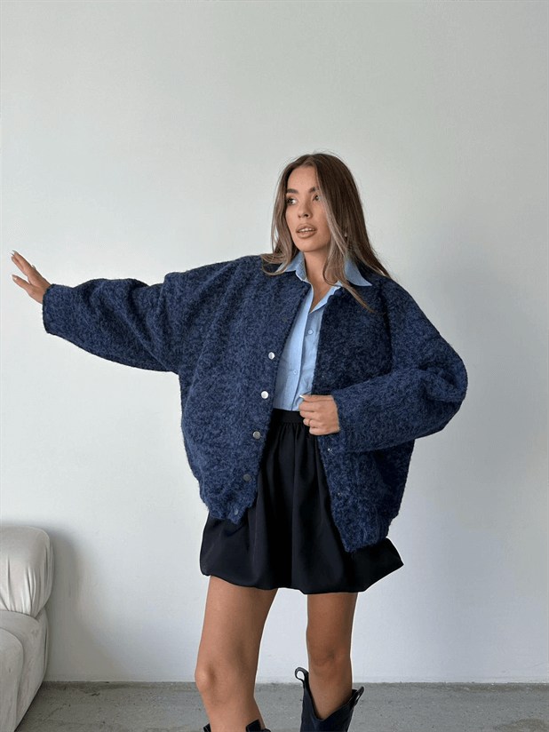 Kırçıllı Kaşe Mont - Lacivert