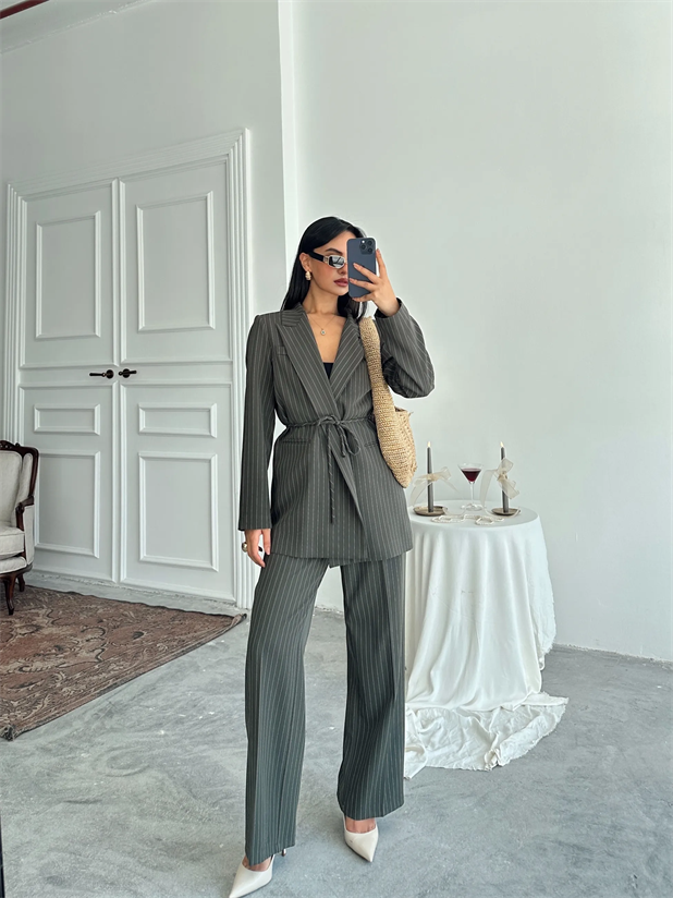 Bel Bağlama Line Blazer Ceket - Haki Yeşil