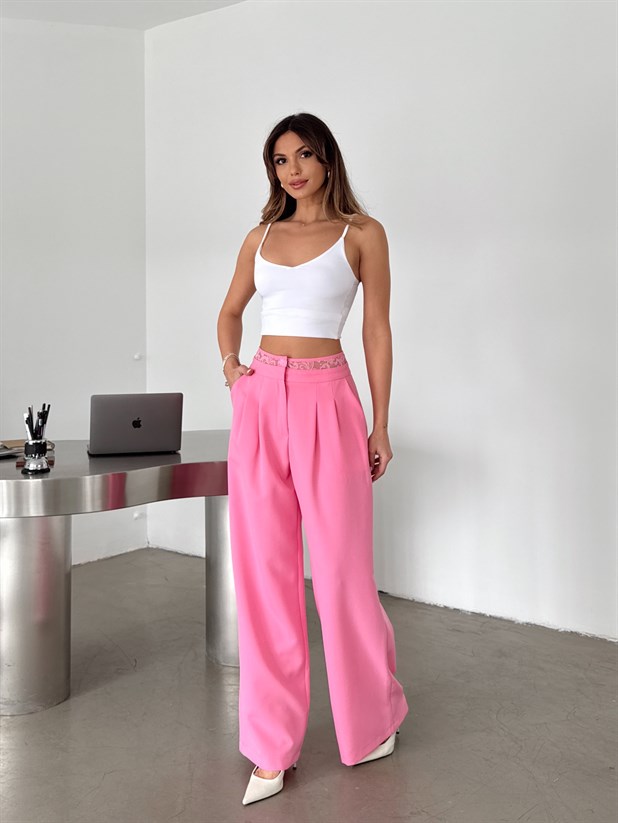 Kemeri Dantel Detaylı Palazzo Pantolon  - Pembe