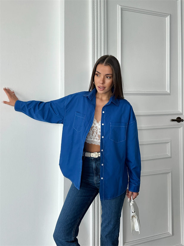 Süs Dikiş Detay Gömlek - Saks Mavi