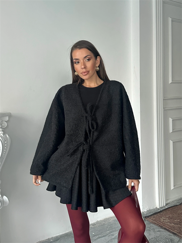 Bağlamalı Kaşe Ceket - Siyah