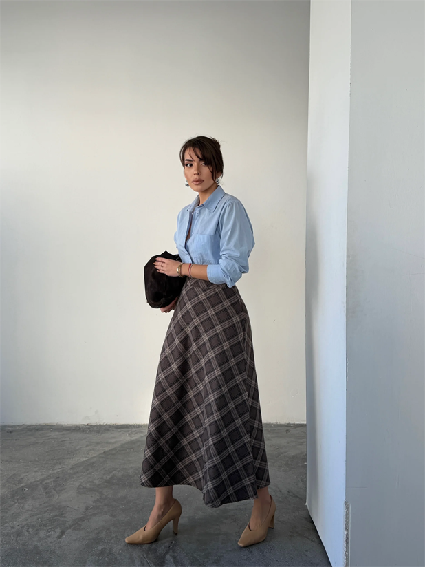 Kloş Ekoseli Etek - Kahve