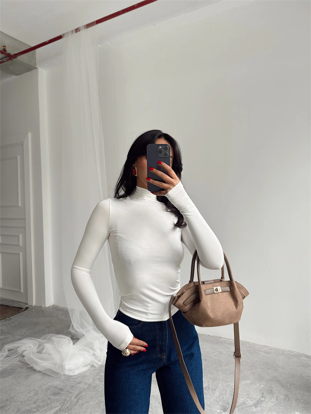 Dik Yaka Balıkçı Bluz Beyaz - Beyaz