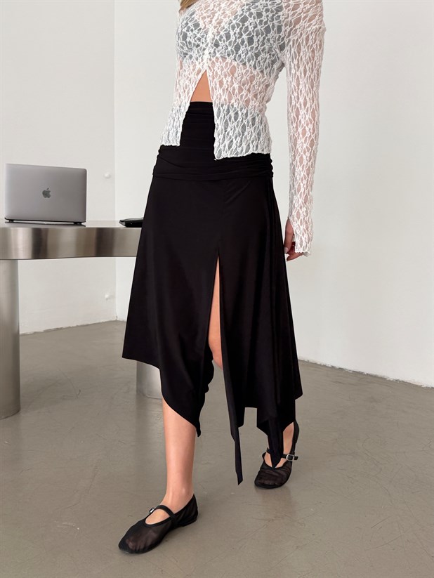 Yırtmaçlı Yüksek Bel Asimetrik Etek - Siyah