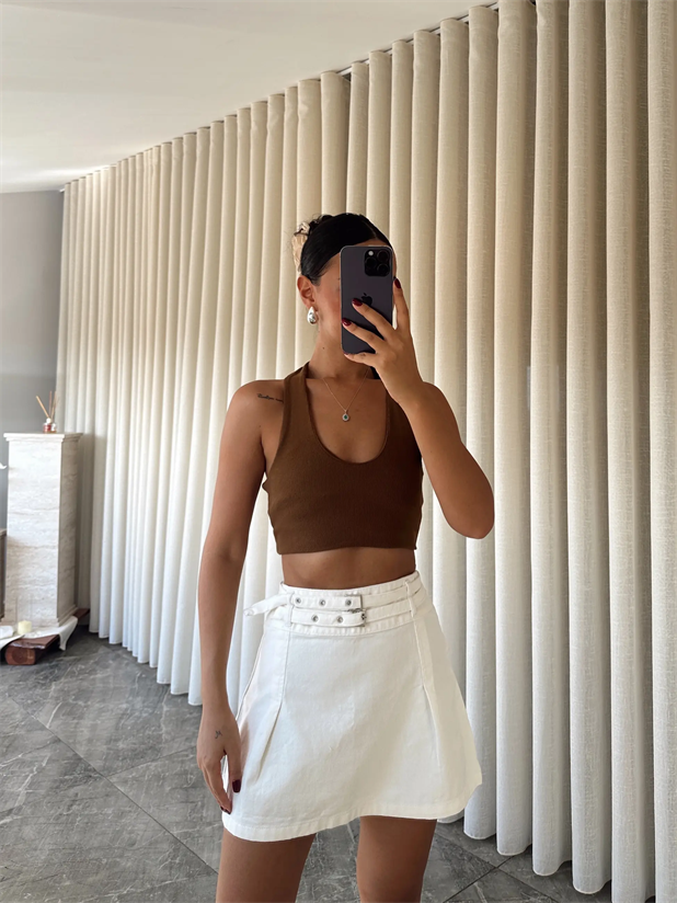 Pileli Denim Etek Krem - Krem