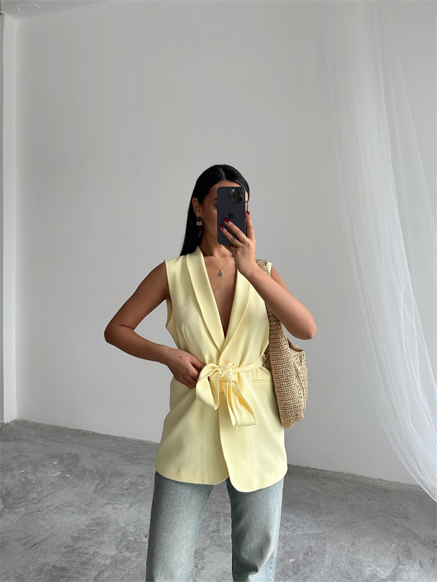 Bağlamalı Blazer Yelek  - Sarı