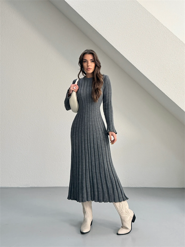 Bağlamalı Fitilli Triko Elbise - Antrasit