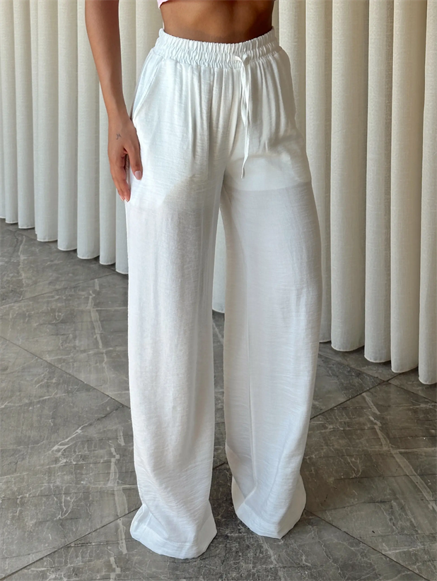 Astarlı Bol Paça Pantolon - Beyaz