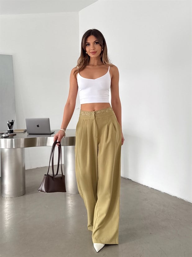 Kemeri Dantel Detaylı Palazzo Pantolon  - Yağ Yeşili