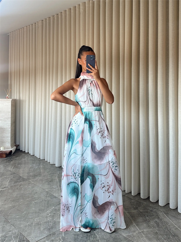 Desenli Şifon Elbise - Ekru-Yeşil