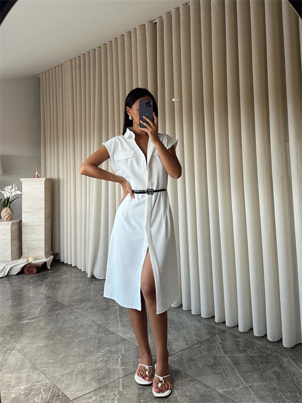 Kemerli Polo Yaka Elbise  - Ekru