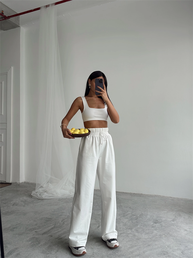 Bel Lastik Detay Palazzo Eşofman - Beyaz