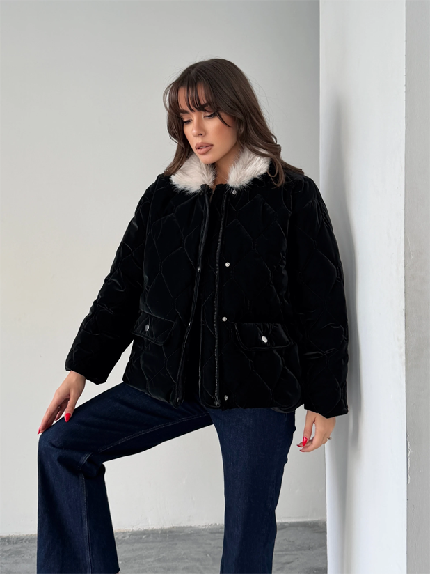 Kapitone Kürk Detay Mont  - Siyah