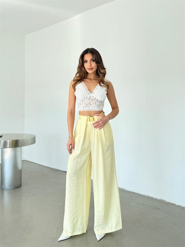 Geniş Kemerli Modal Pantolon - Sarı
