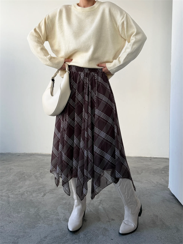 Beli Lastikli Asimetrik Şifon Etek - Geometrik