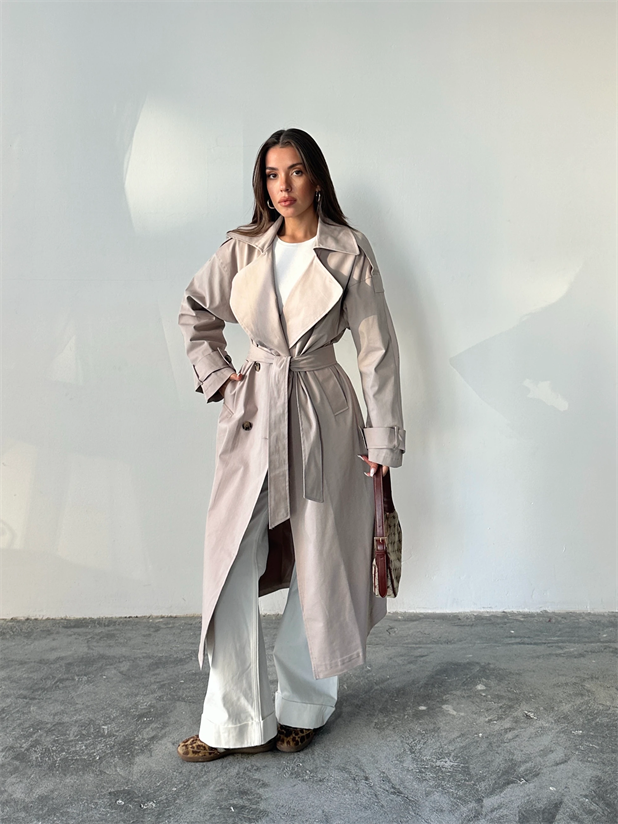 Kemerli Trençkot Bej - Bej