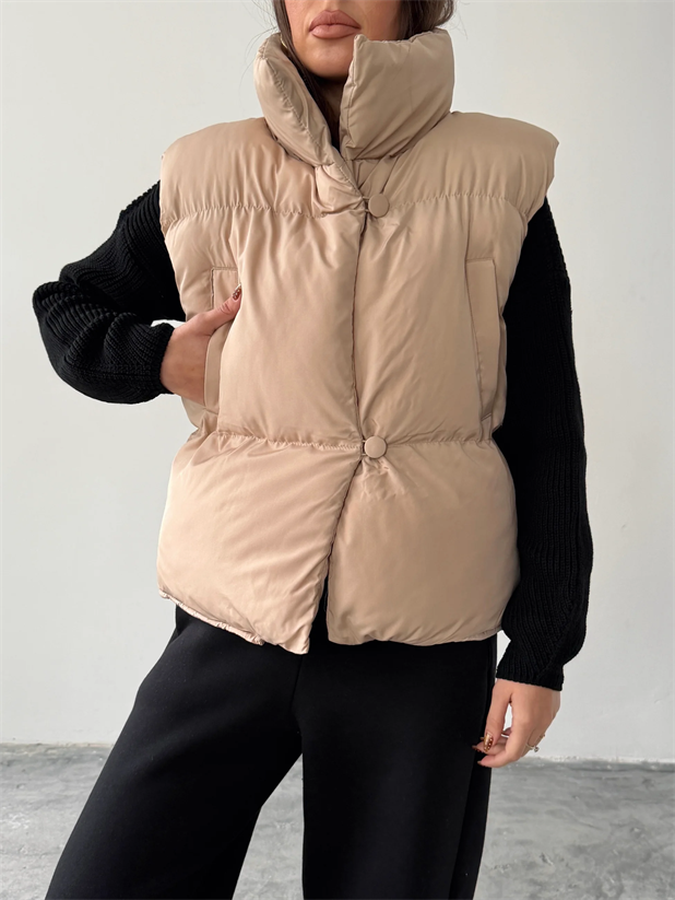 Düğmeli Yan Cep Detay Şişme Yelek - Taş