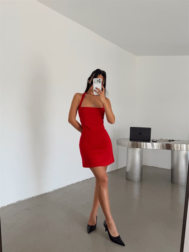 Halter Yaka Mini Elbise - Kırmızı