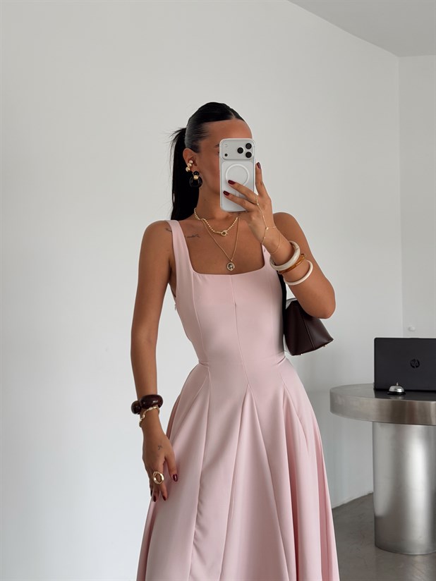 Bağcık Detay Midi Elbise - Pudra Pembe