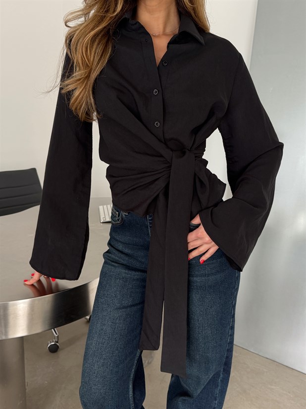 Önü Bağlamalı Gömlek - Siyah