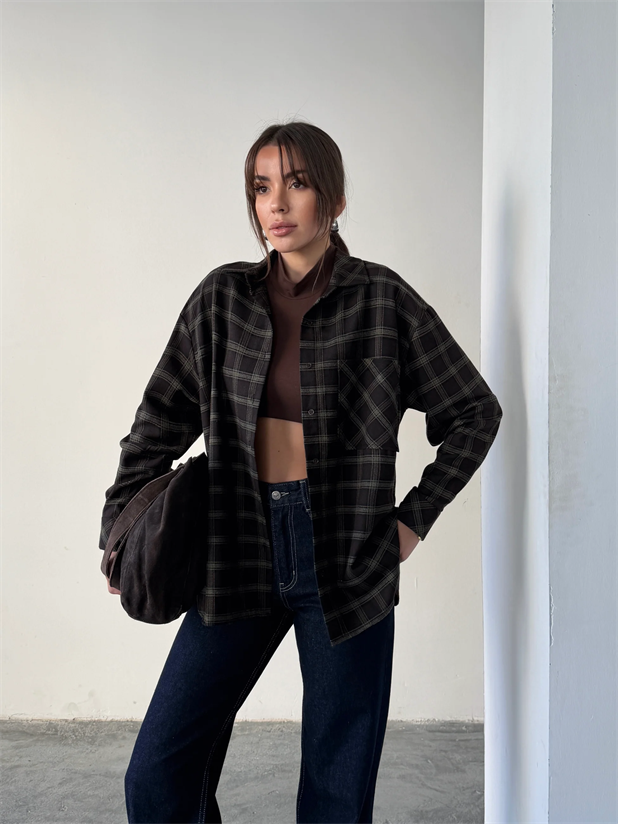 Tek Cep Ekose Gömlek - Acı kahve