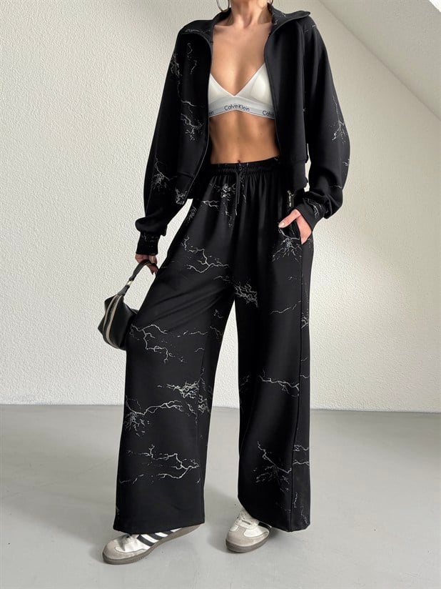 Fermuarlı Palazzo Takım - Siyah