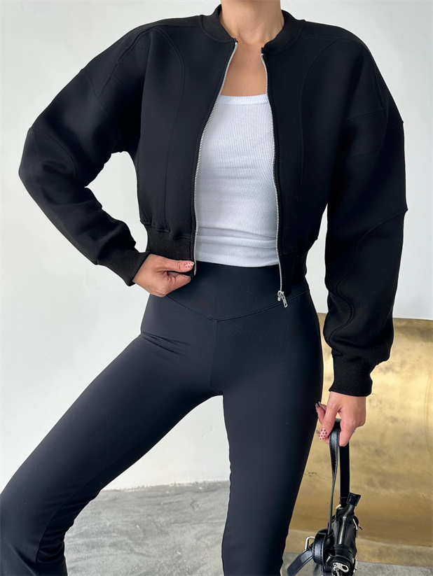 Bisiklet Yaka Fermuarlı Hırka - Siyah