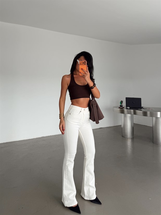 Yüksek Bel İspanyol Paça Jean - Ekru