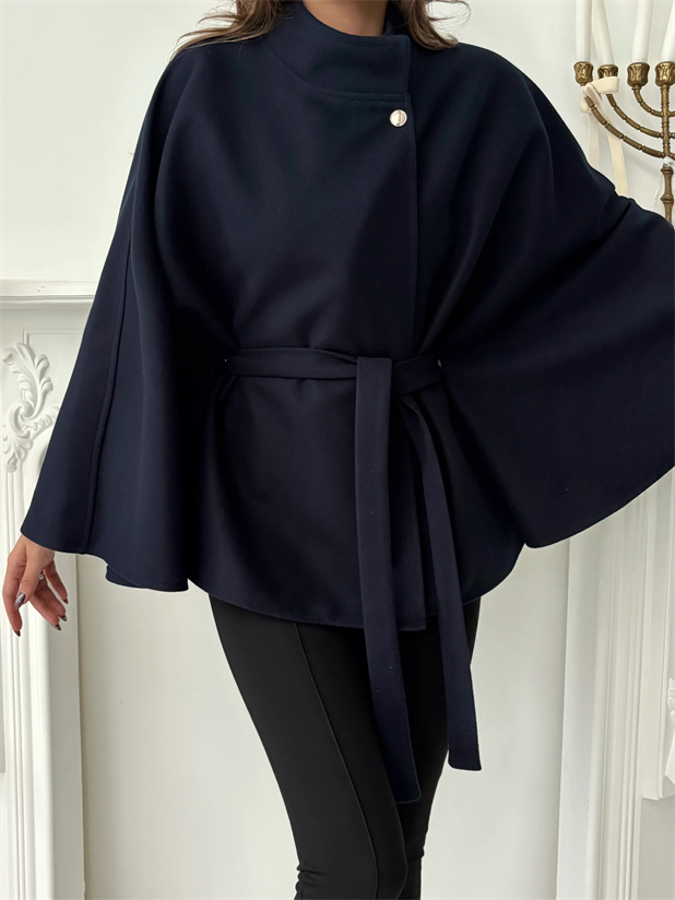 Kaşe Kuşaklı Pelerin Kaban - Lacivert