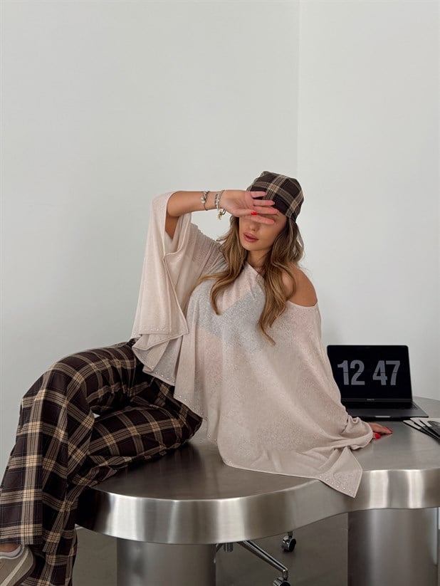 Altı Zımbalı Yarasa Bluz - Taş