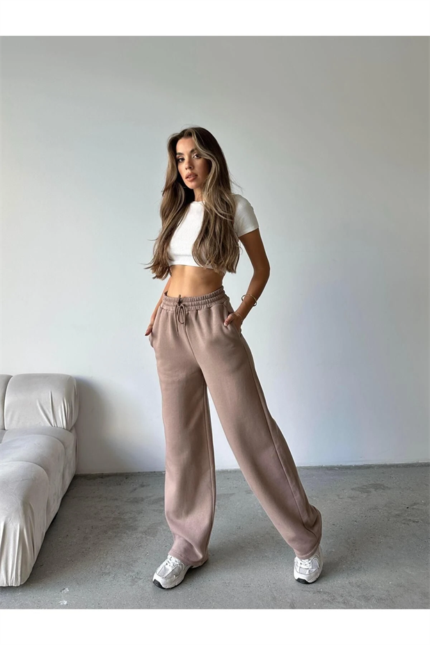 Üç İplik Şardonlu Palazzo Eşofman Vizon - Vizon